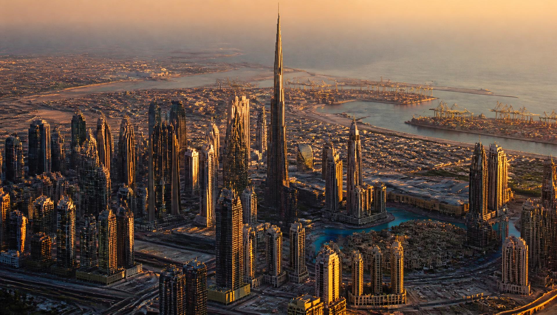 Aerial view of Dubai skyline with Burj Khalifa and Jebel Ali port at golden hour