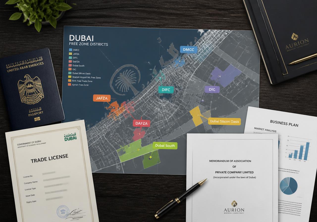 Dubai free zone districts map alongside UAE passport, trade licence and Memorandum of Association